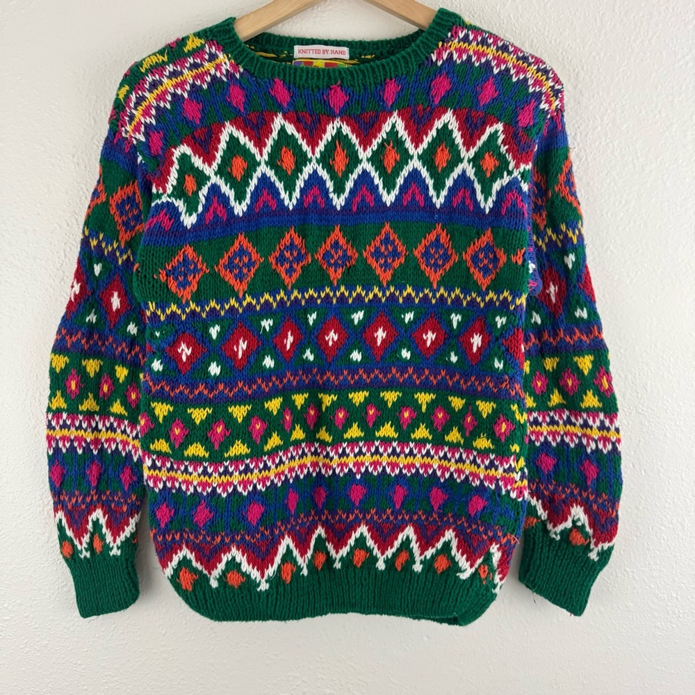 Vintage 90’s Coogi Vibes Multicolor Pattern Stripe Hand Knit Grandpa Sweater